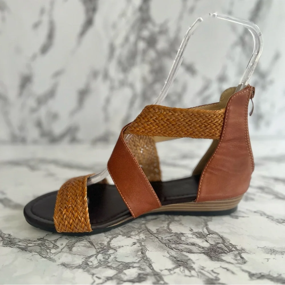 Sandals Gladiator Braided Faux Leather Cognac Casual Back Zipper Flat 10